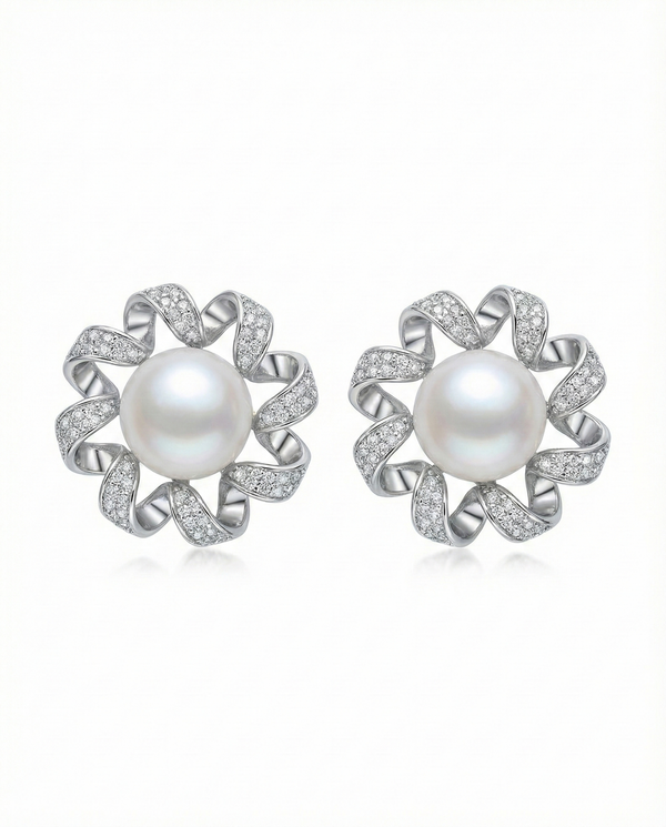 Silver-Tone Spiral Flower Pearl Stud Earrings - RM 011