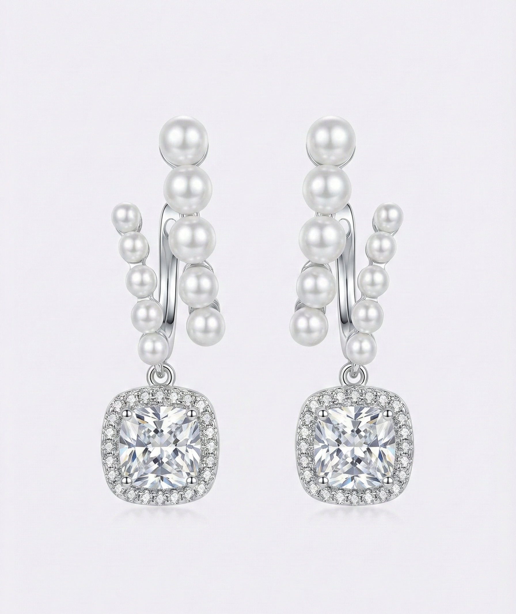 Elegant Pearl & Crystal Linear Drop Earrings Silver Tone - YD016