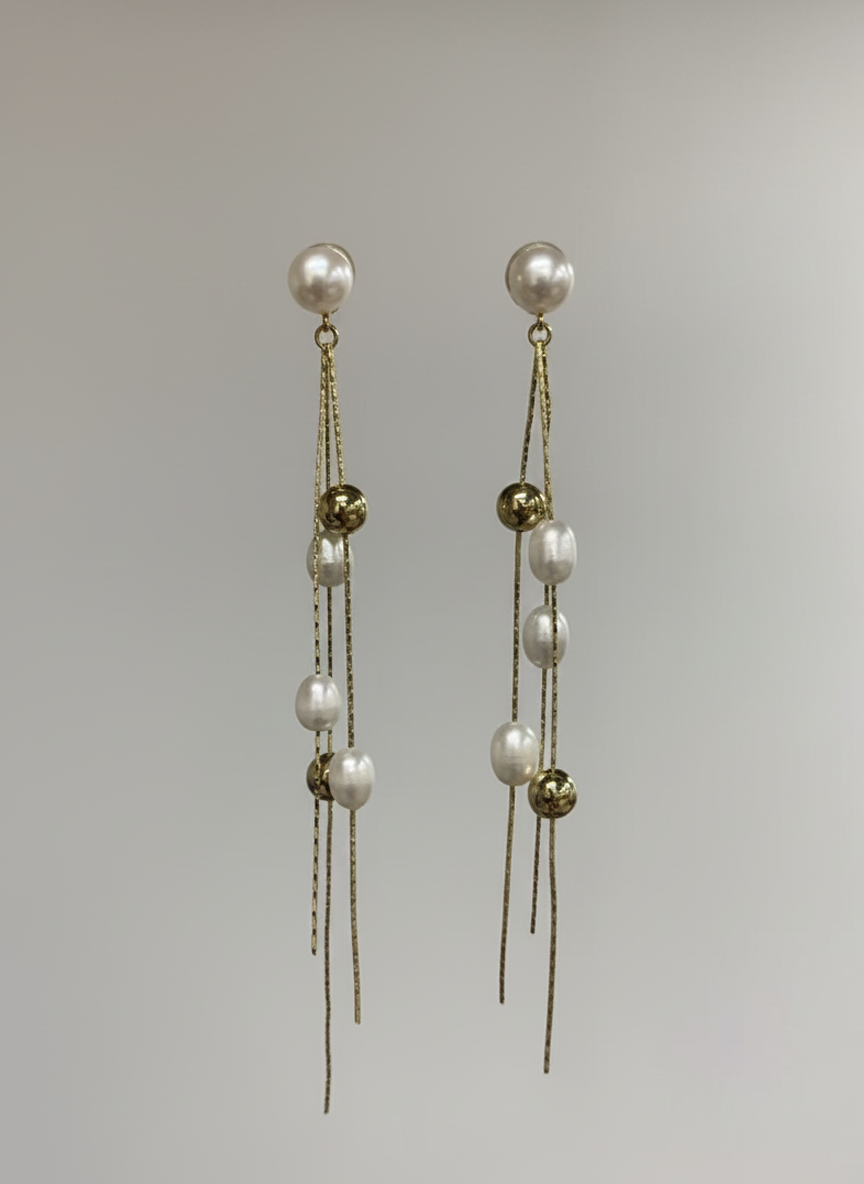 Long Gold-Tone Chain Tassel Earrings with Scattered Pearls - RM023