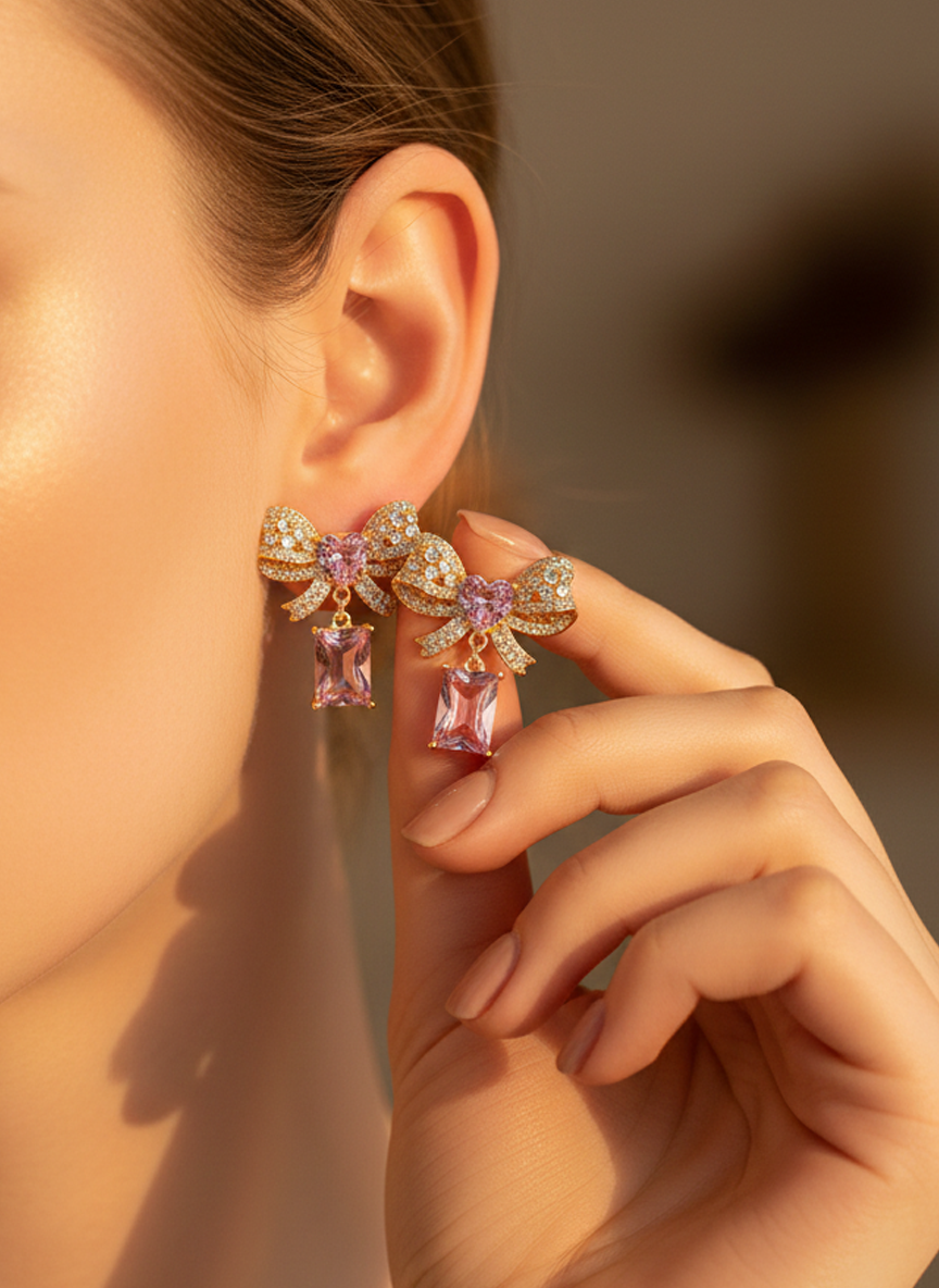 Crystal Bow Knot Earrings with Pink Stone Drop - RM025