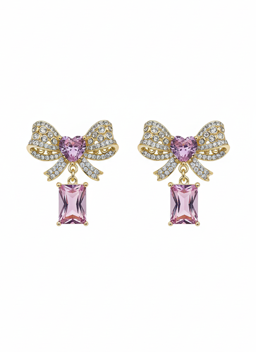 Crystal Bow Knot Earrings with Pink Stone Drop - RM025