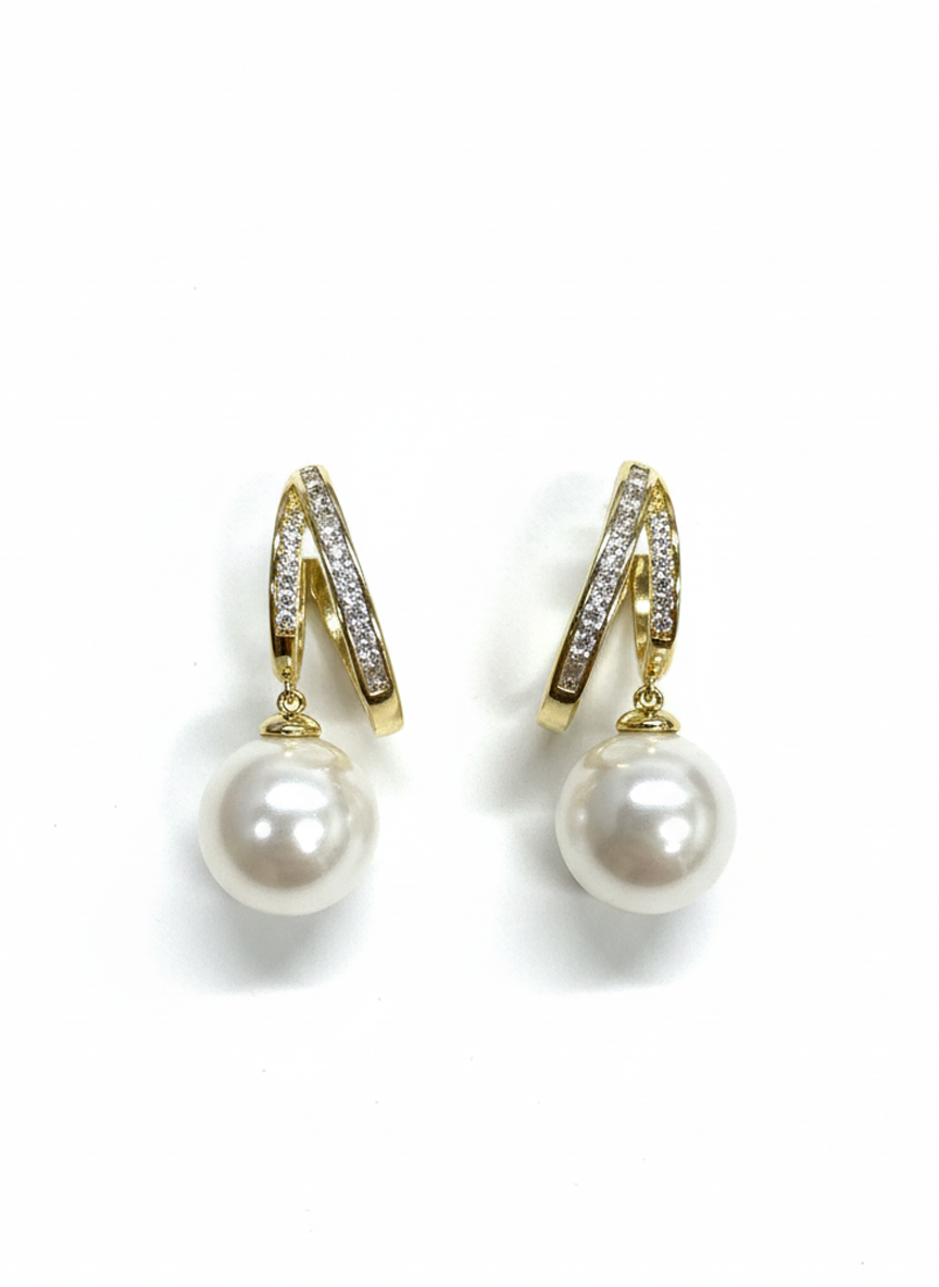 Gold-Tone Huggie Hoop Earrings with Pearl Drop - RM015