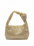 Gold rhinestone mini hobo bag with knot handle and zip top