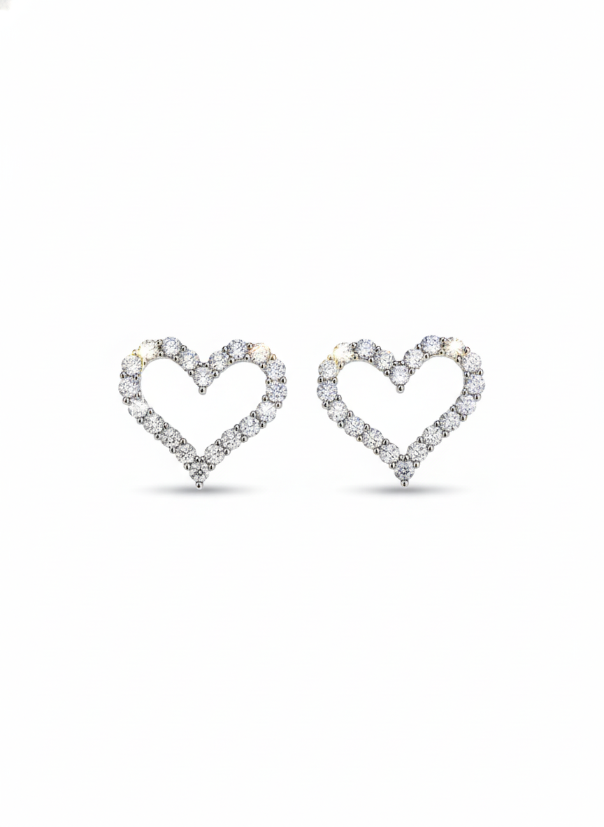 Sparkling Silver-Tone Open Heart Stud Earrings Pave Crystal - YD005