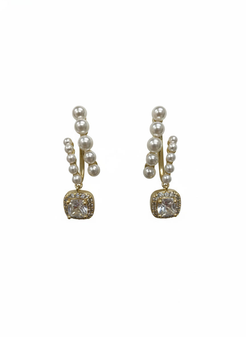 Unique Gold-Tone Geometric Drop Earrings with Pave Crystals - YD004