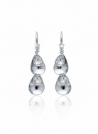 Polished silver-tone double teardrop earrings with clear faceted stones, drop design