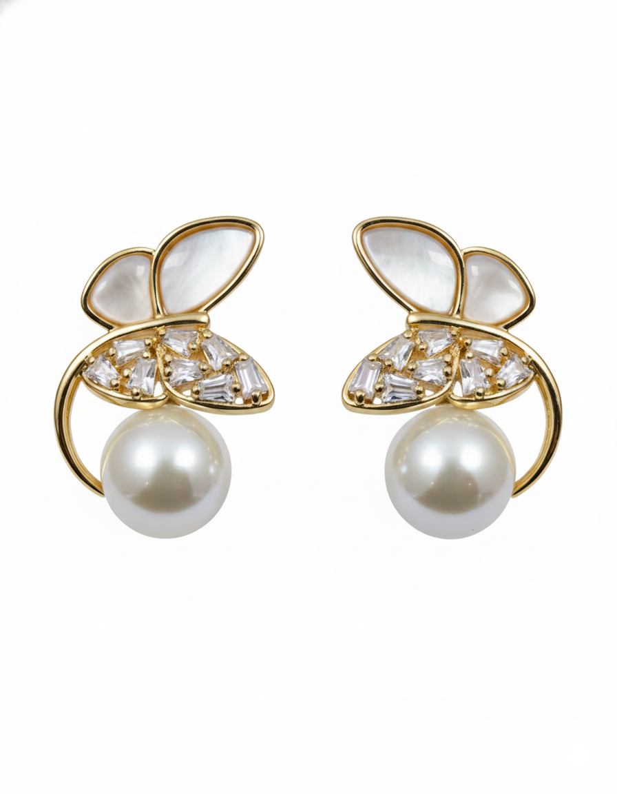 Gold-Tone Butterfly & Pearl Asymmetric Design Earrings - RM006