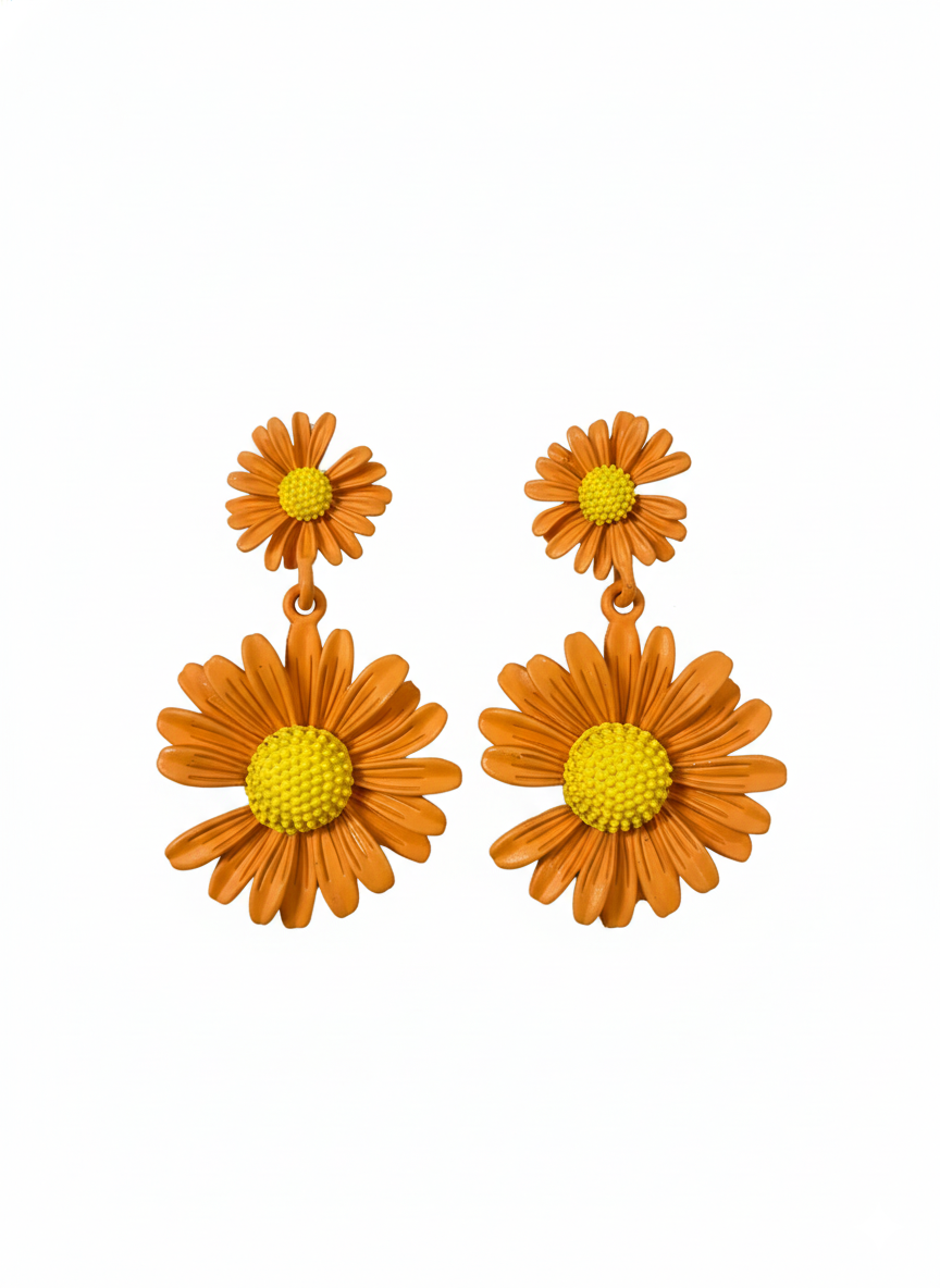 Vibrant Orange Daisy Flower Stud Earrings - RM018