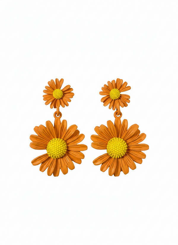 Vibrant Orange Daisy Flower Stud Earrings - RM 018