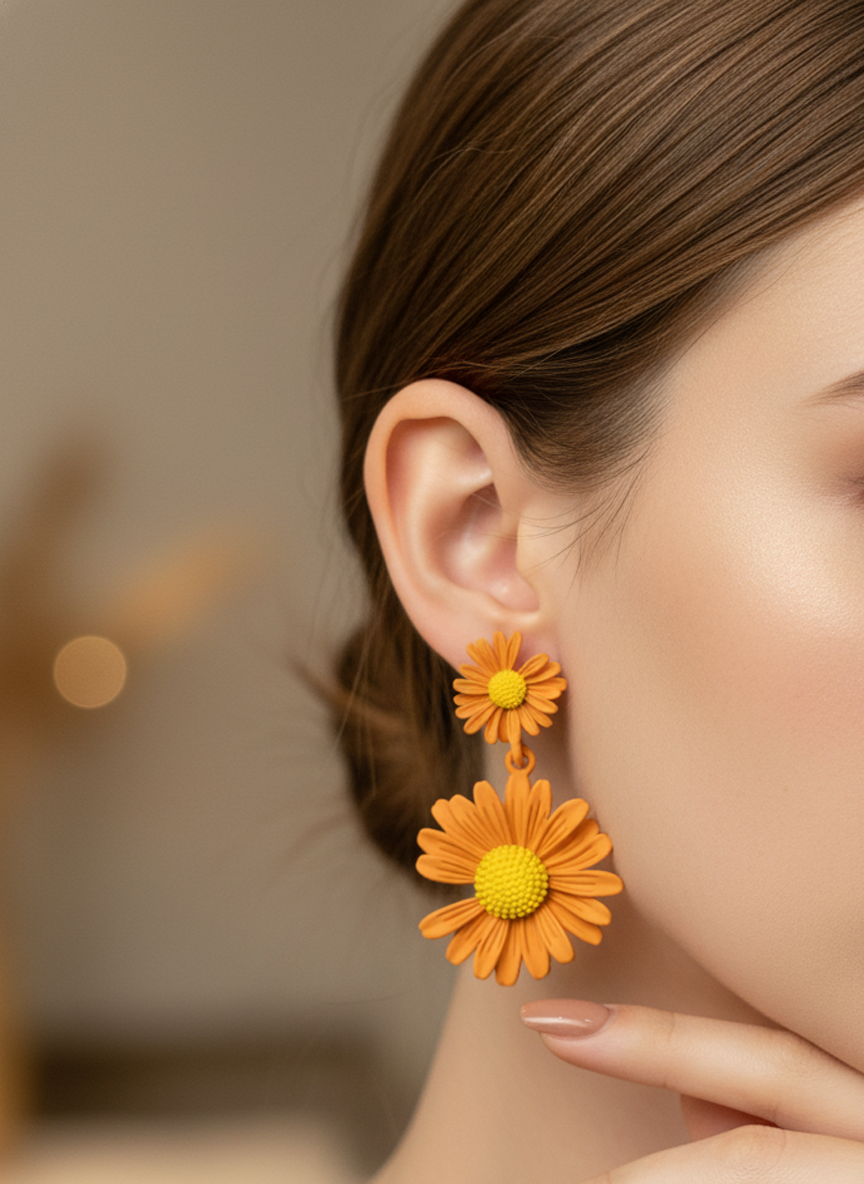Vibrant Orange Daisy Flower Stud Earrings - RM018