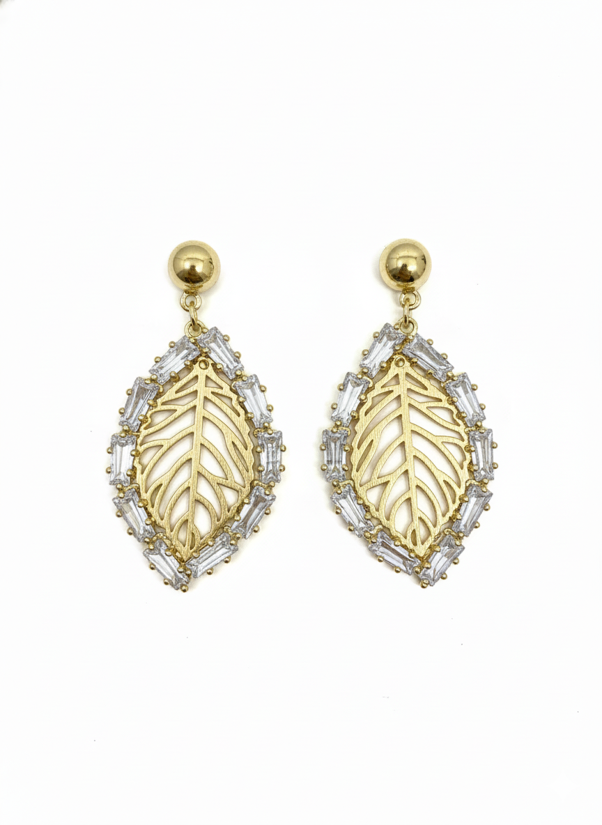 Gold-Tone Hollow Leaf Pearl Drop Earrings - RM019