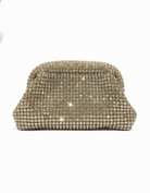 Champagne crystal mesh pouch clutch bag with sparkly rhinestones, rounded top