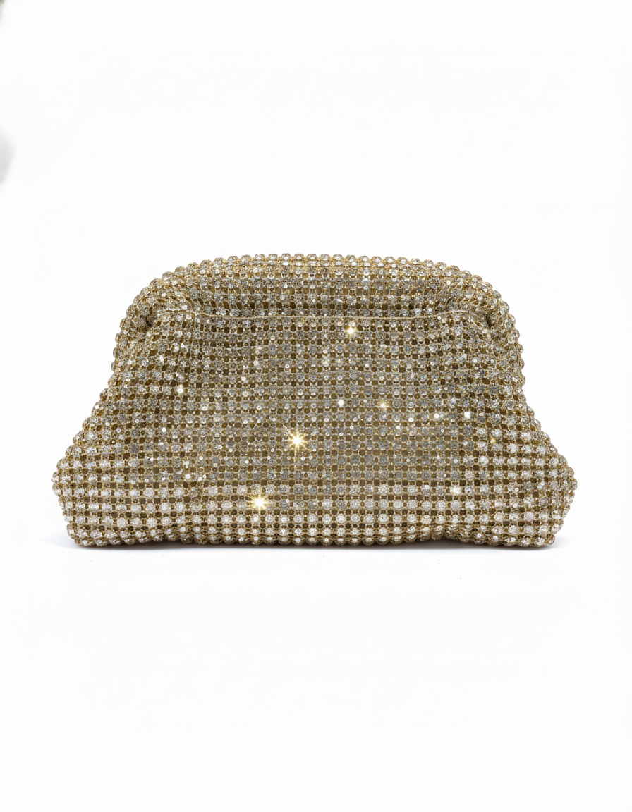 Champagne crystal mesh pouch clutch bag with sparkly rhinestones, rounded top
