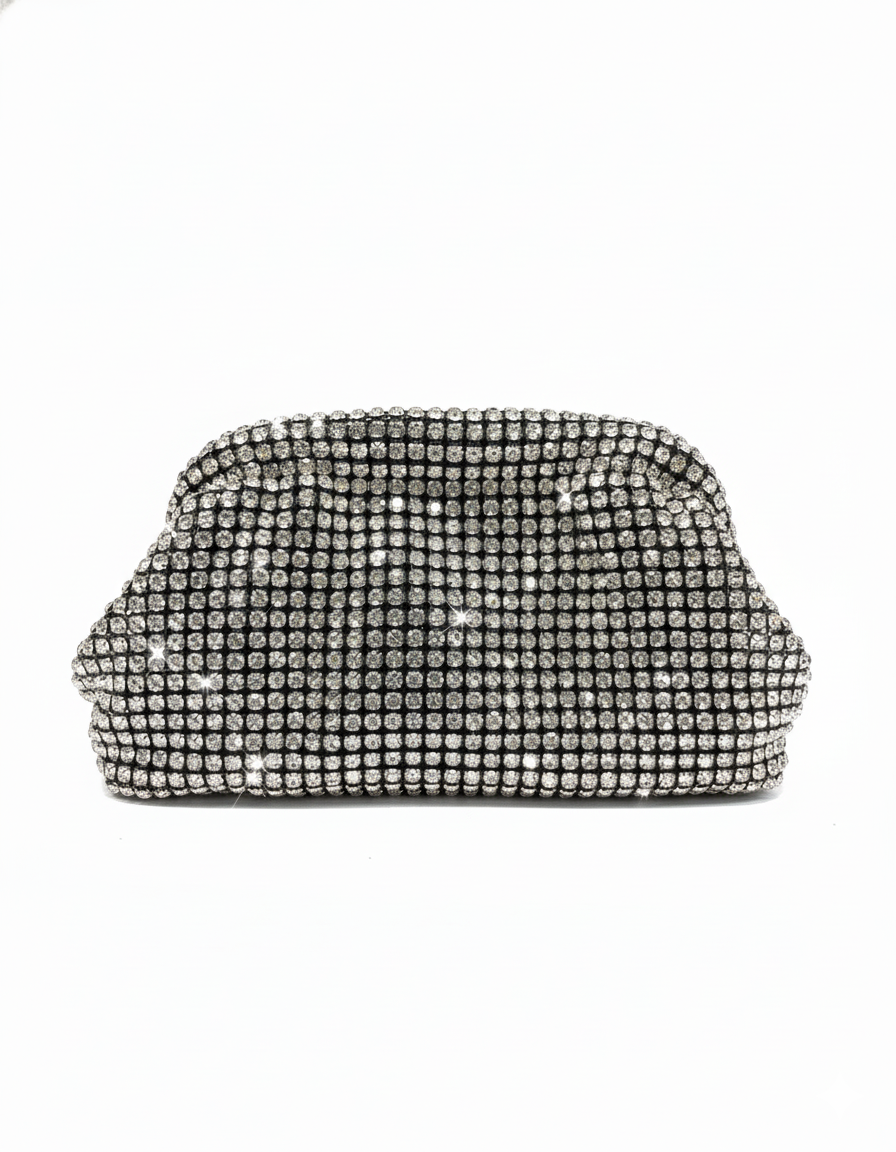 Silver-tone crystal mesh pouch clutch bag with rhinestone sparkle, curved frame