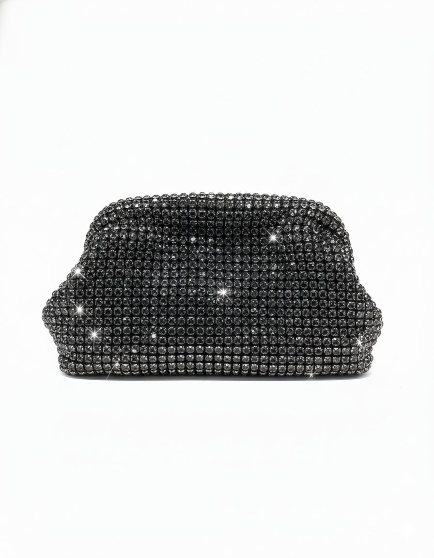 Black crystal mesh pouch clutch bag with sparkly rhinestones, rounded top