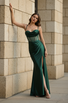 Spaghetti Strap Satin Mermaid Prom Dress with Mesh Panels, Lace-Up Back and Side Slit-TFB8010 Emerald
