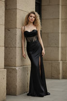 Spaghetti Strap Satin Mermaid Prom Dress with Mesh Panels, Lace-Up Back and Side Slit-TFB8010 Black