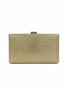 Gold crystal-embellished box clutch with top clasp, rectangular silhouette.