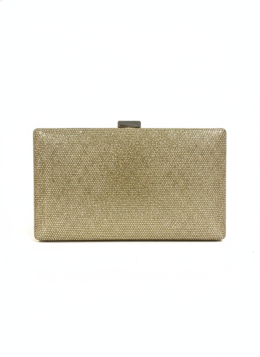 Gold crystal-embellished box clutch with top clasp, rectangular silhouette.
