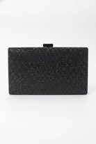 Black crystal-embellished box clutch with top clasp, rectangular silhouette.