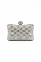 Silver glitter box clutch with oval clasp and rhinestone mesh panel