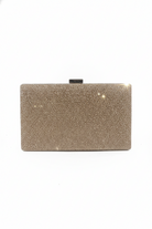 Champagne crystal-embellished box clutch with top clasp, rectangular silhouette.