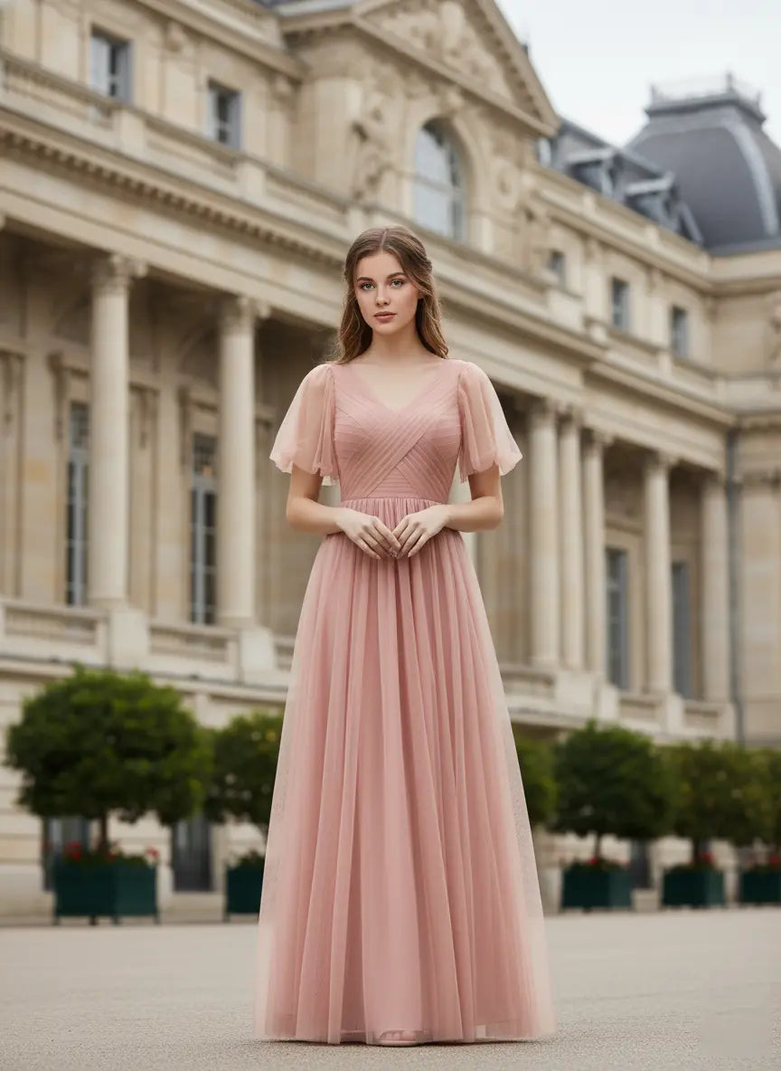 Pleated Tulle Bridesmaid Dress with Flowing Skirt TFB 8058 | blissfulprom