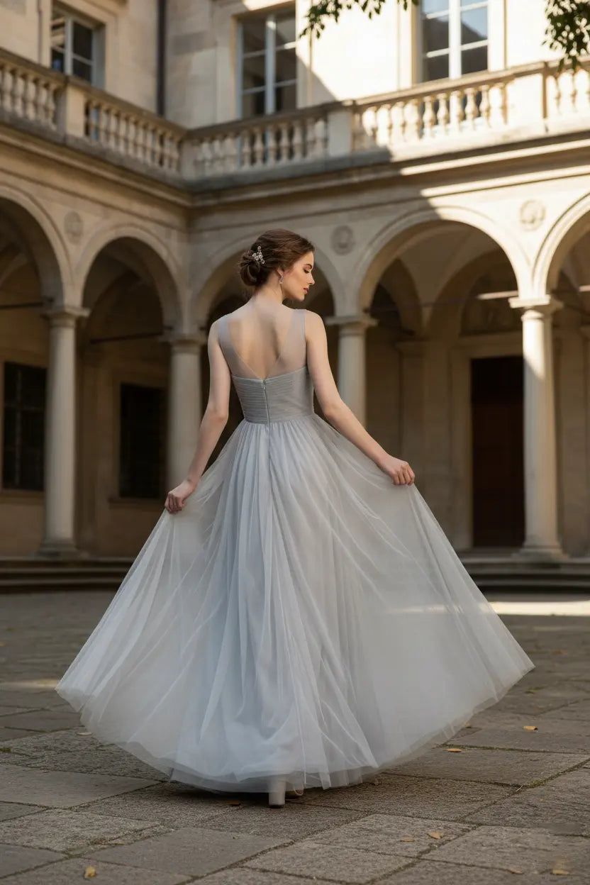 Illusion Lace Tulle Bridesmaid Dress with Open Back TFB 8059 | blissfulprom