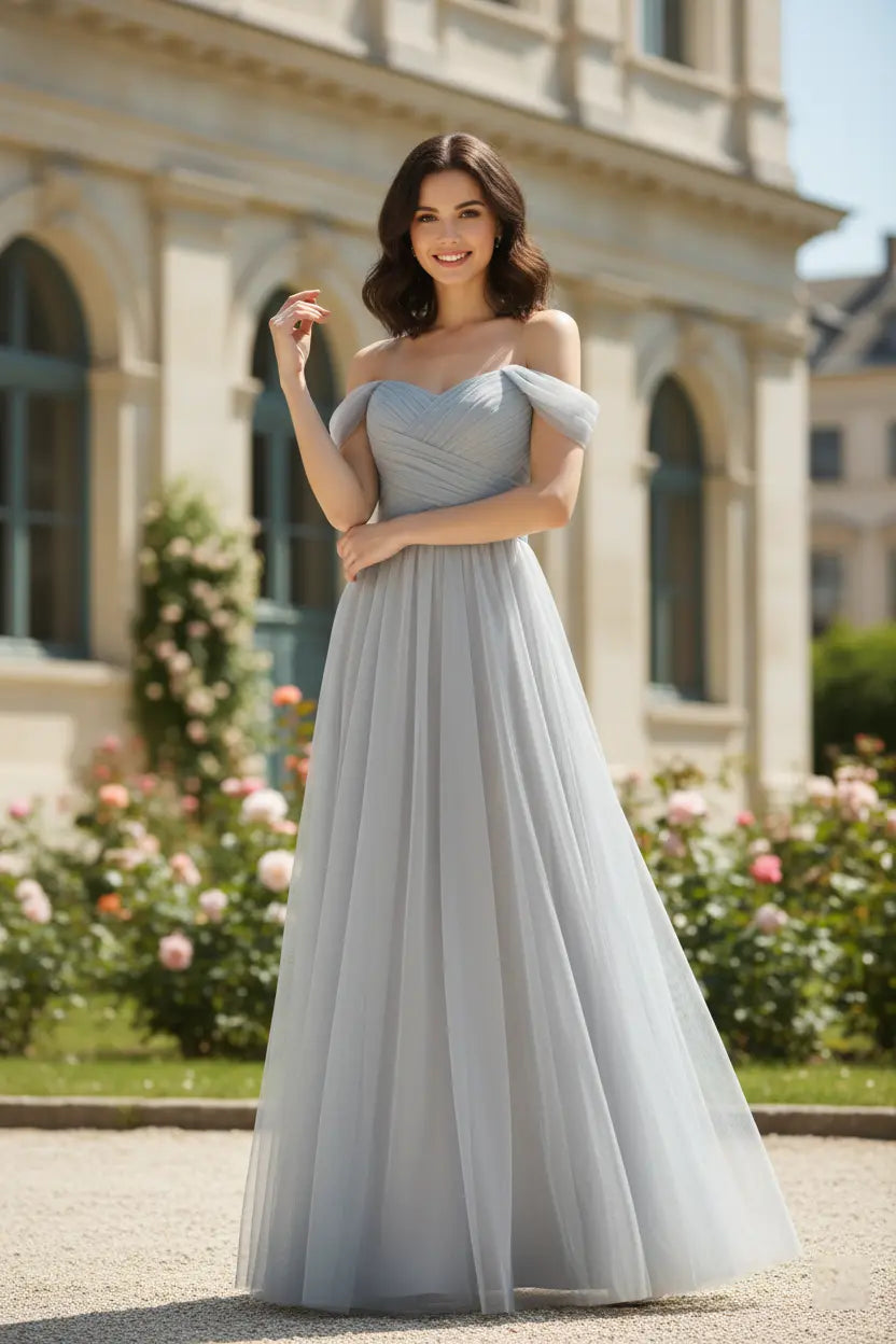 Off-Shoulder Tulle Bridesmaid Dress with Sweetheart Bodice TFB 8060 | blissfulprom