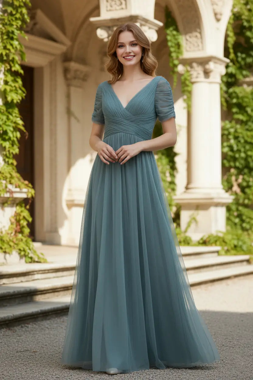 V-Neck Tulle Bridesmaid Dress with Short Sleeves & Open Back TFB 8061 | blissfulprom