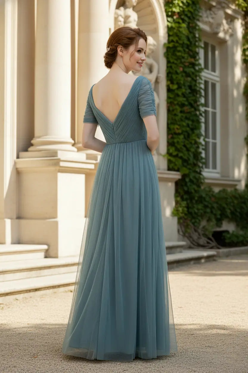 V-Neck Tulle Bridesmaid Dress with Short Sleeves & Open Back TFB 8061 | blissfulprom