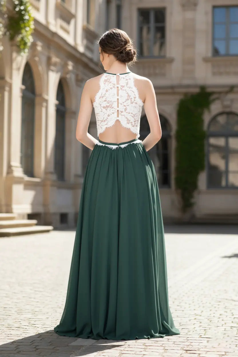 Halter Lace Bodice Bridesmaid Dress with Chiffon Skirt & Open Back TFB 8063 | blissfulprom
