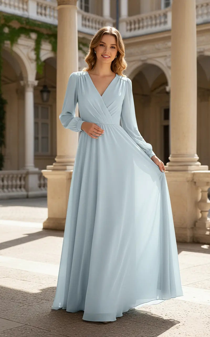 Long Sleeve Wrap V-Neck Chiffon Bridesmaid Dress TFB 8068 | blissfulprom