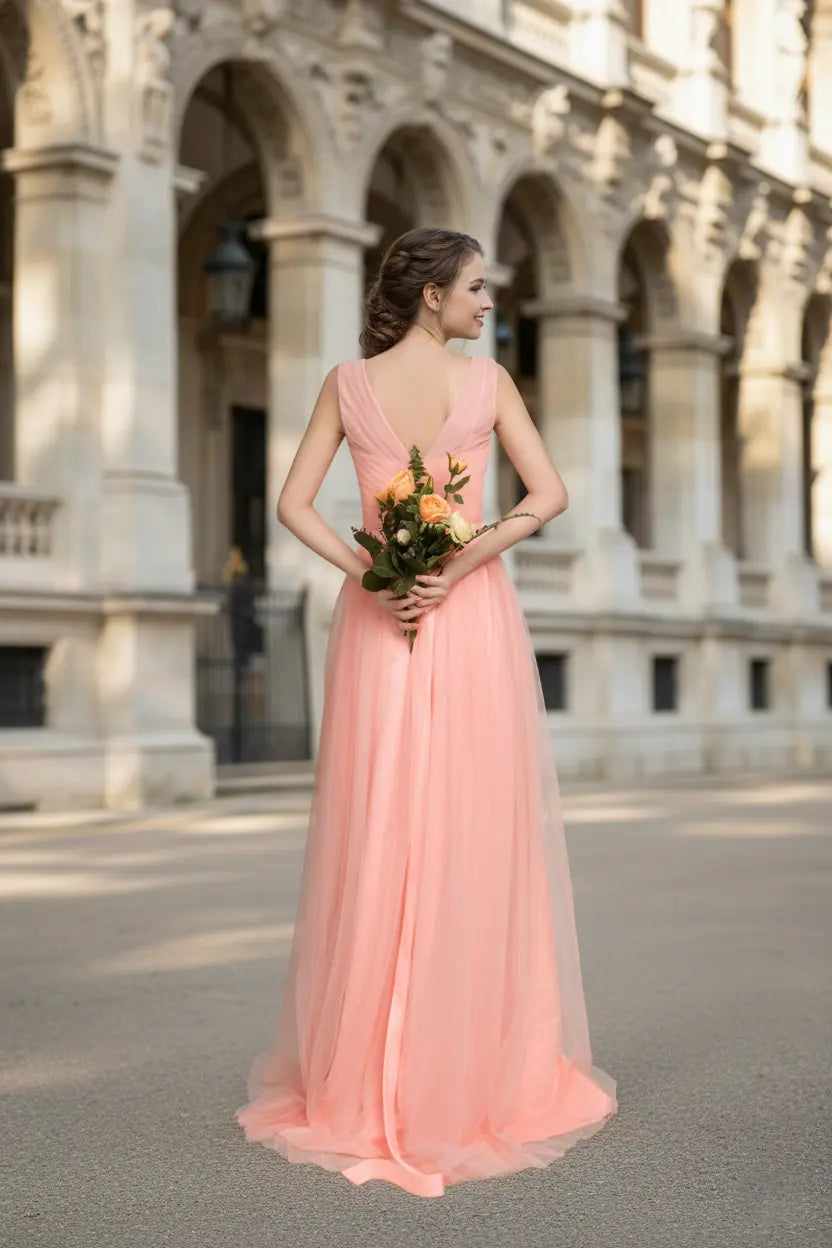 Illusion Neckline Tulle Bridesmaid Dress with Satin Sash & V-Back TFB 8069 | blissfulprom