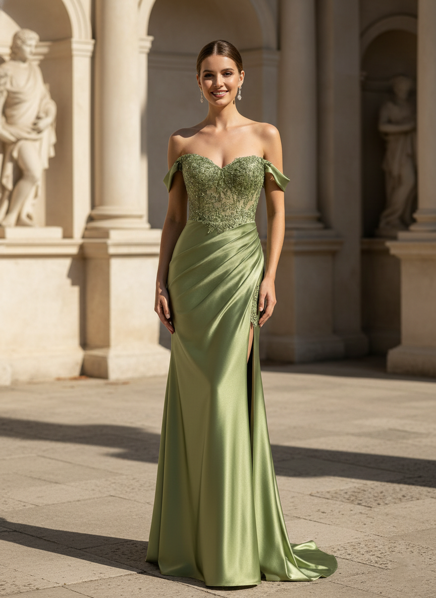Off-Shoulder Lace Bodice Draped Prom Dress with Side Slit-TFB5008 Sage