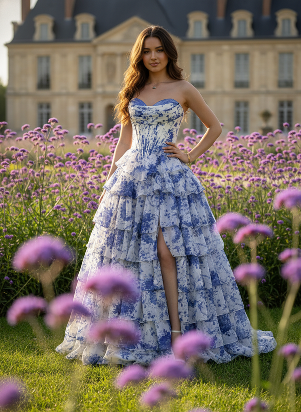 Blue-white floral organza ball gown, crystal-beaded bust, tiered skirt