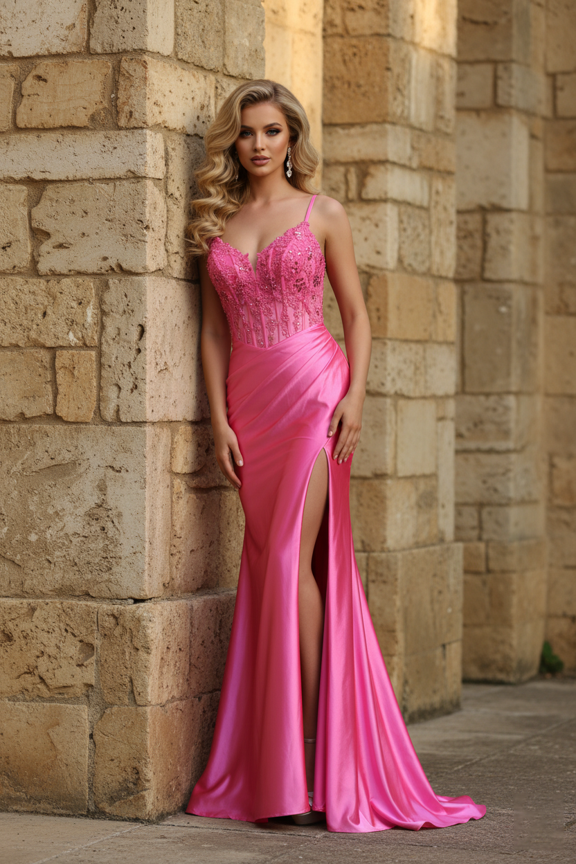 corset mermaid prom dress Embroidered Corset Satin Slit Prom Dress TFB 8011