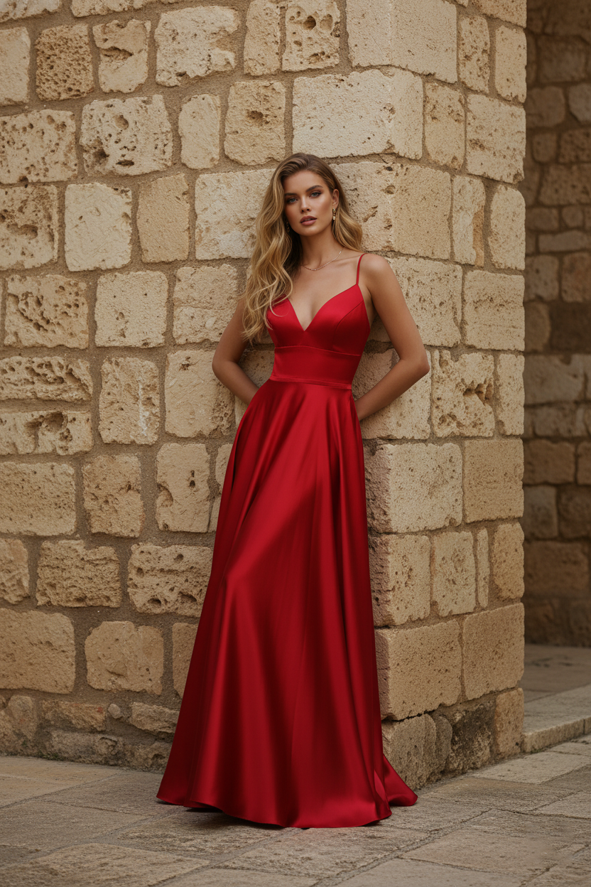 Spaghetti Strap Deep V-Neck Satin Ball Gown with Adjustable Lace-Up Back-TFB8004 Red