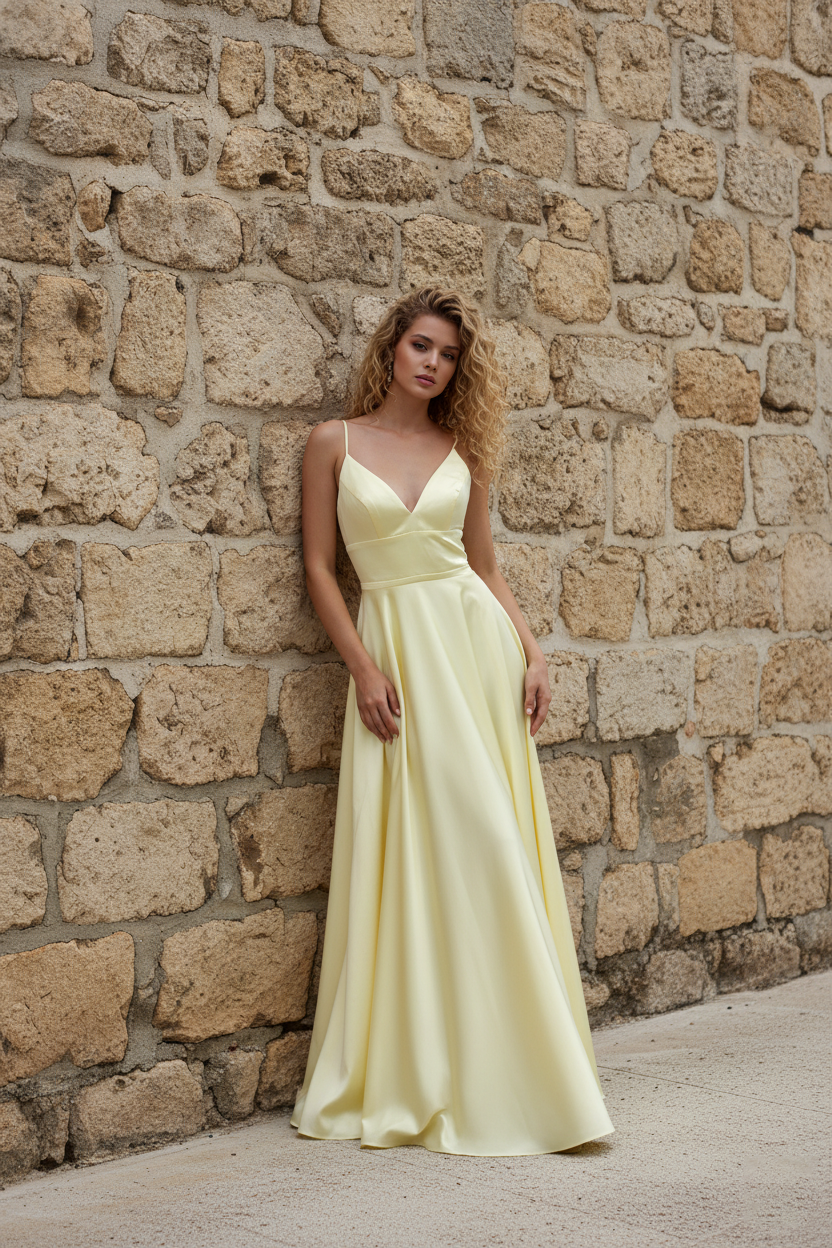 Spaghetti Strap Deep V-Neck Satin Ball Gown with Adjustable Lace-Up Back-TFB8004 Yellow