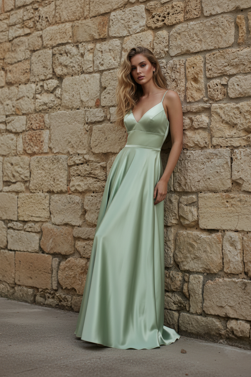 Spaghetti Strap Deep V-Neck Satin Ball Gown with Adjustable Lace-Up Back-TFB8004 Sage
