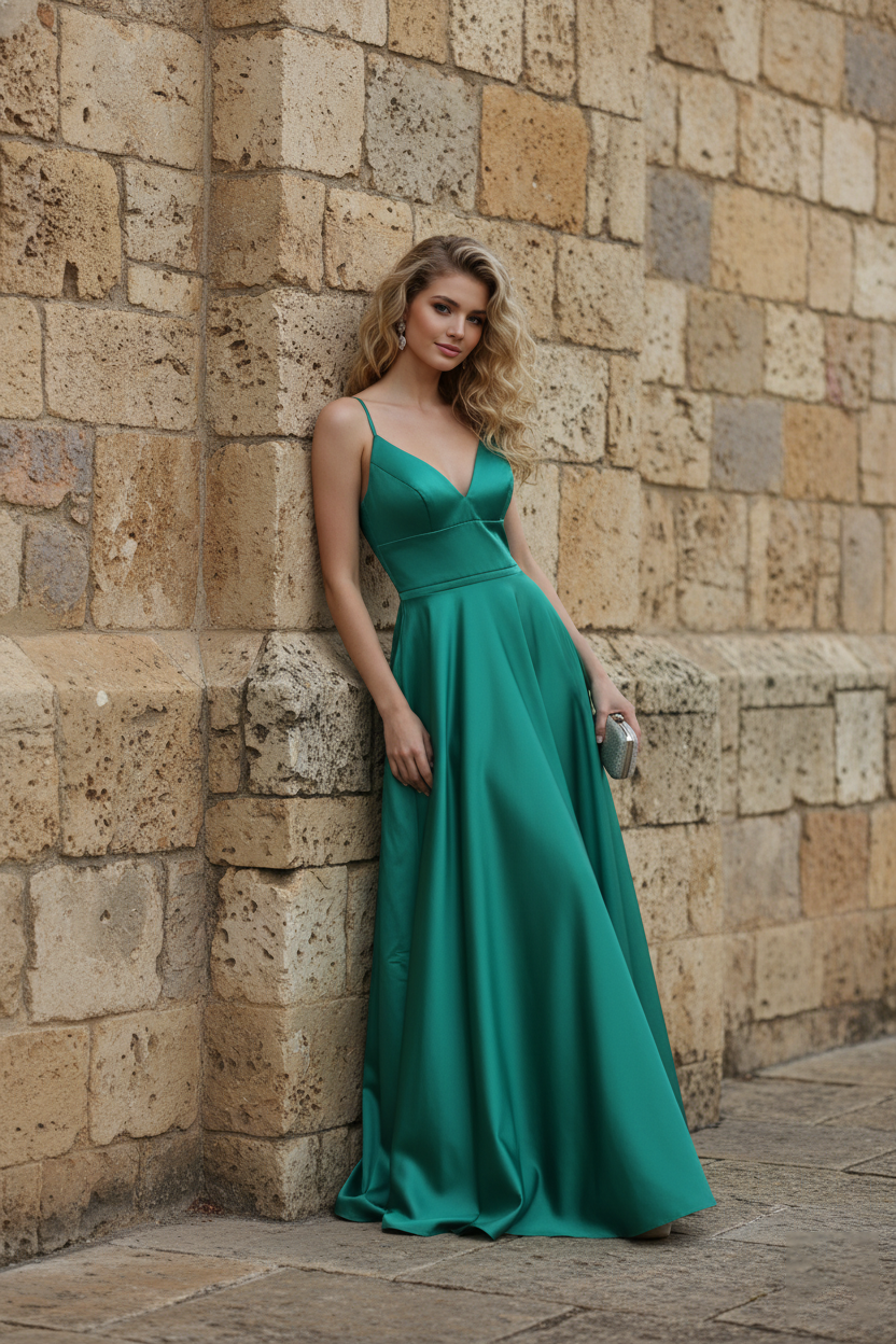 Spaghetti Strap Deep V-Neck Satin Ball Gown with Adjustable Lace-Up Back-TFB8004 Turq