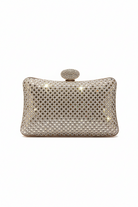 Champagne glitter box clutch with oval clasp, rhinestone mesh front