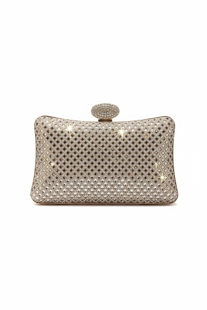 Champagne glitter box clutch with oval clasp, rhinestone mesh front