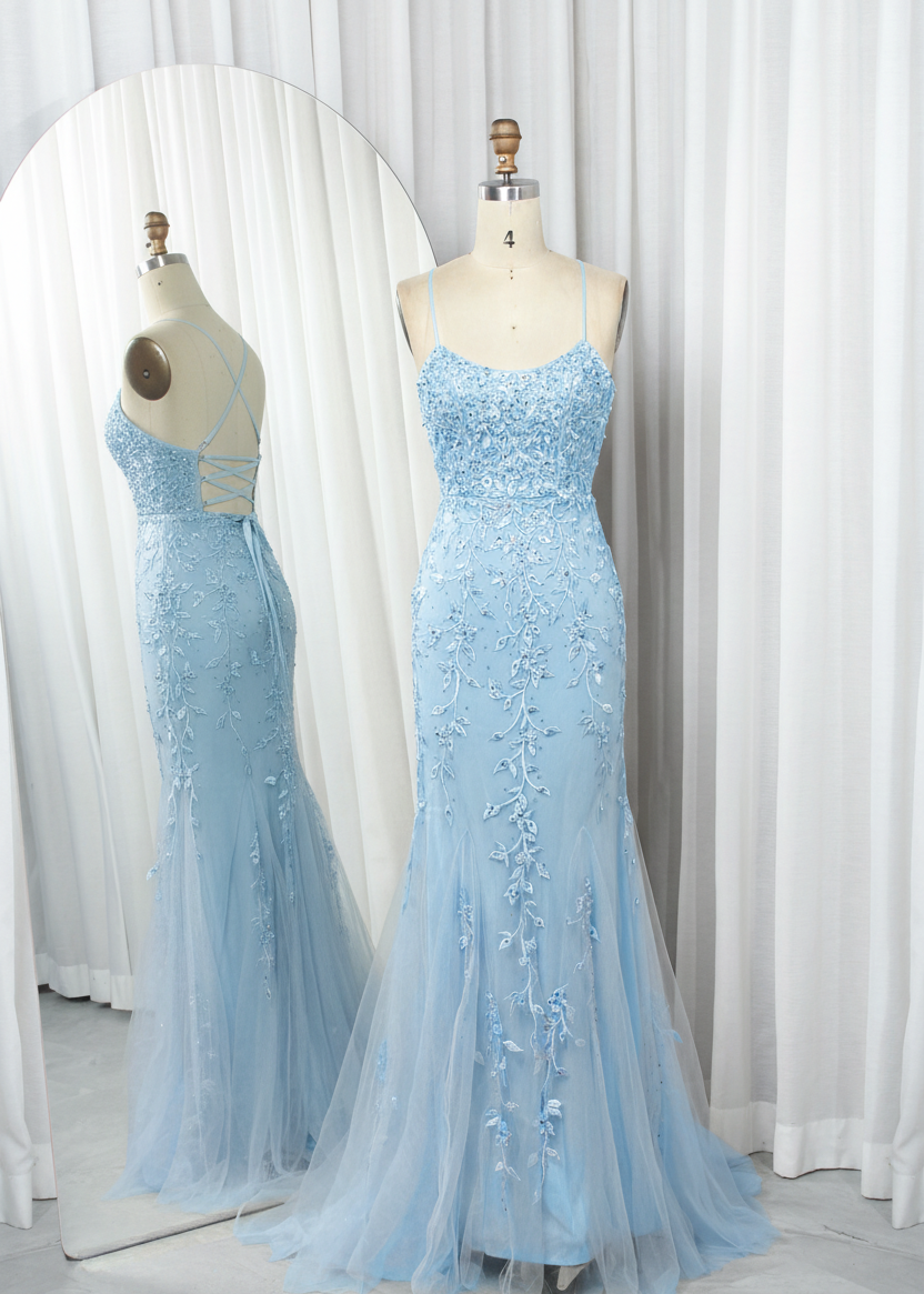 Floral Embroidered Tulle Mermaid Prom Dress with Godet Skirt and Crisscross Back - TFB 8047 | blissfulprom