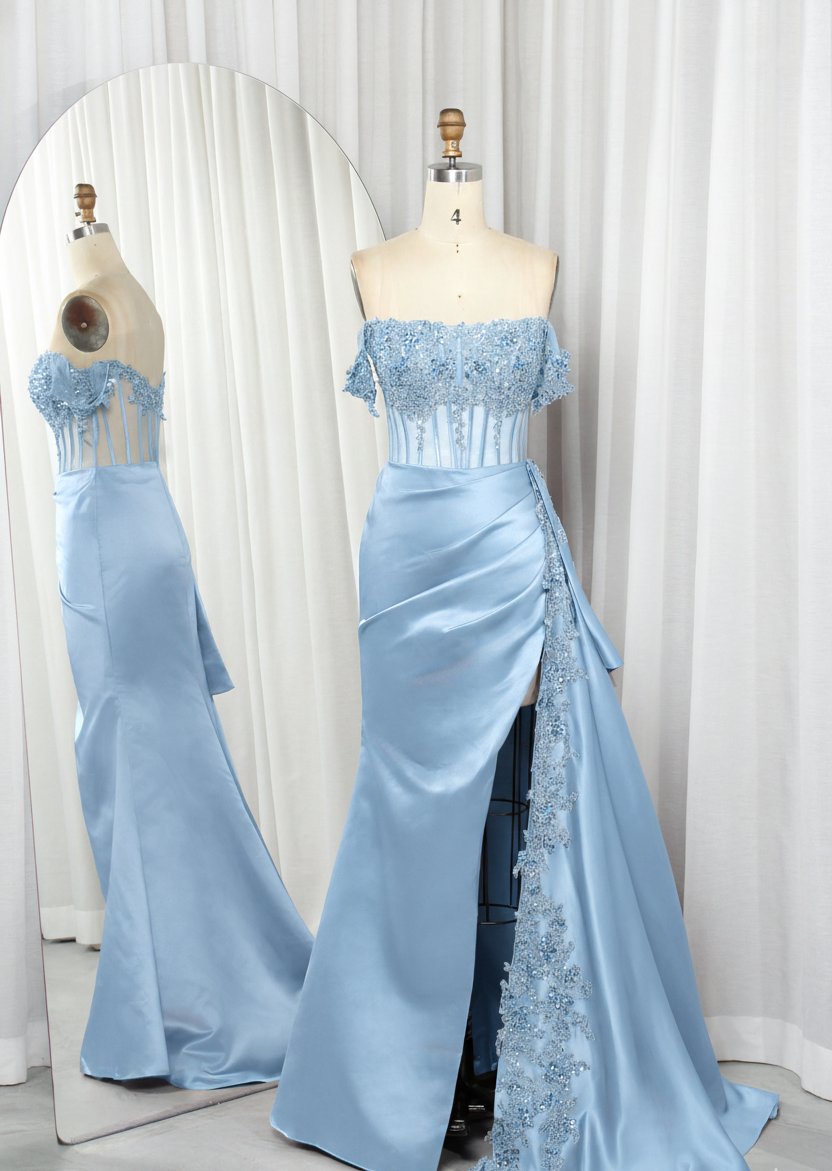 Off Shoulder Satin Mermaid Prom Dress with Lace Bodice High Slit