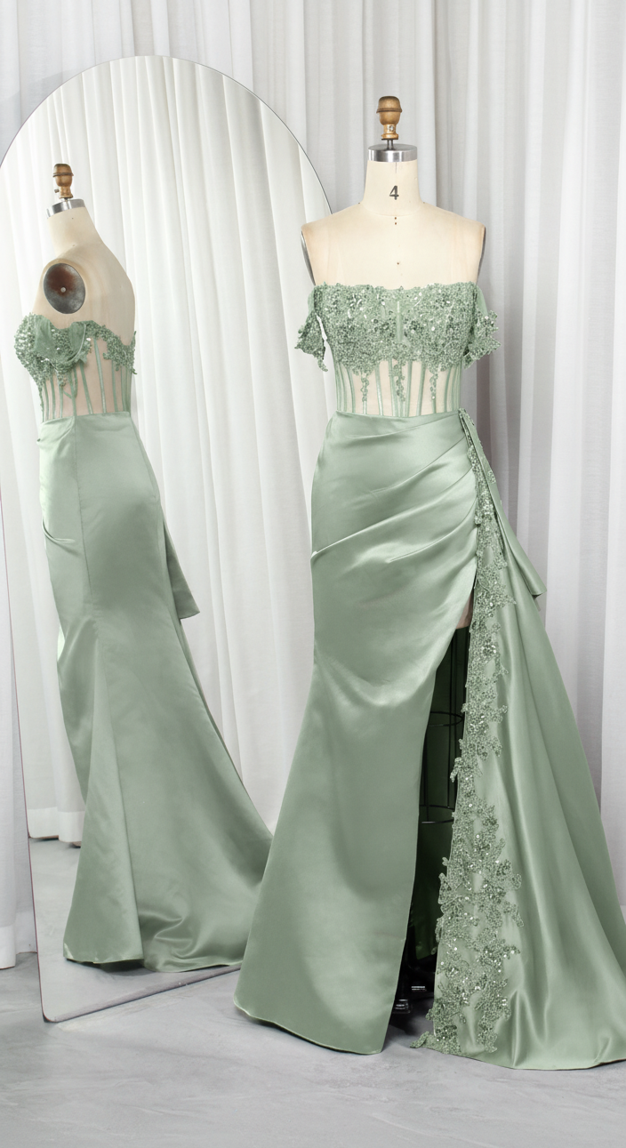 Off Shoulder Satin Mermaid Prom Dress with Lace Bodice High Slit