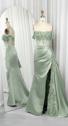 Off Shoulder Satin Mermaid Prom Dress with Lace Bodice High Slit