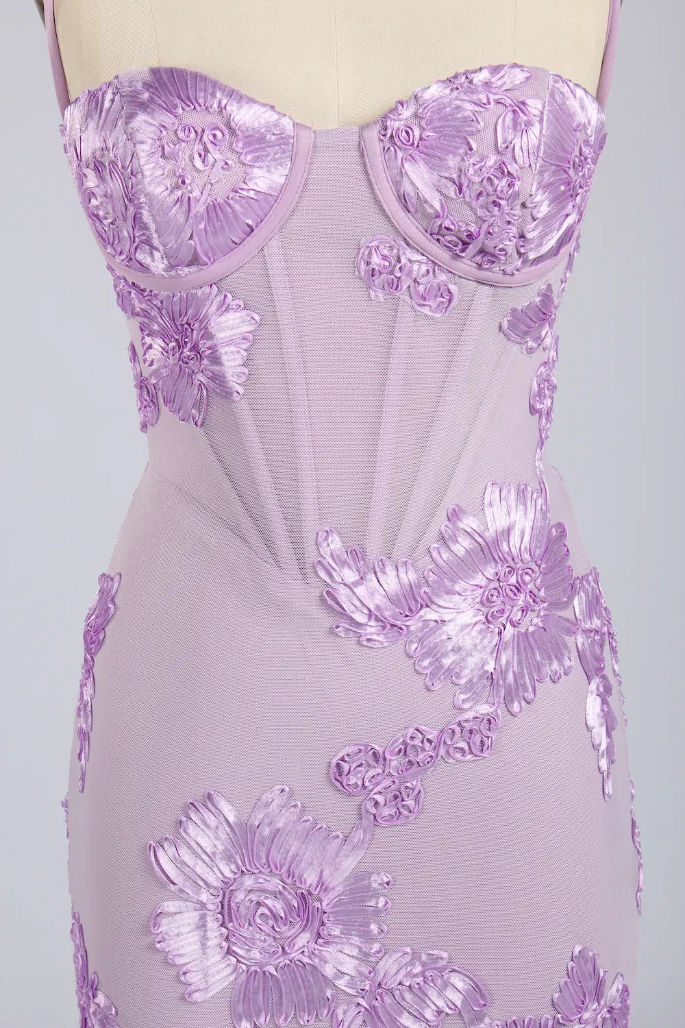 Lavender plus-size evening dress with 3D floral appliques and sweetheart neckline