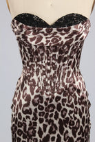 Leopard-print strapless gown with sweetheart neckline and fitted bodice