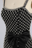 Plus size beaded evening dress, black rhinestone lattice with bow waist detail